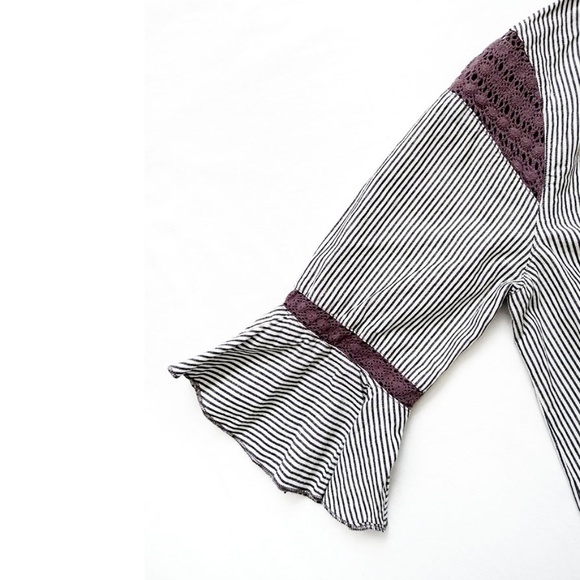 Striped Tie Neck Bell Sleeves Bohemian Tunic/Top 2 - Picture 5 of 7